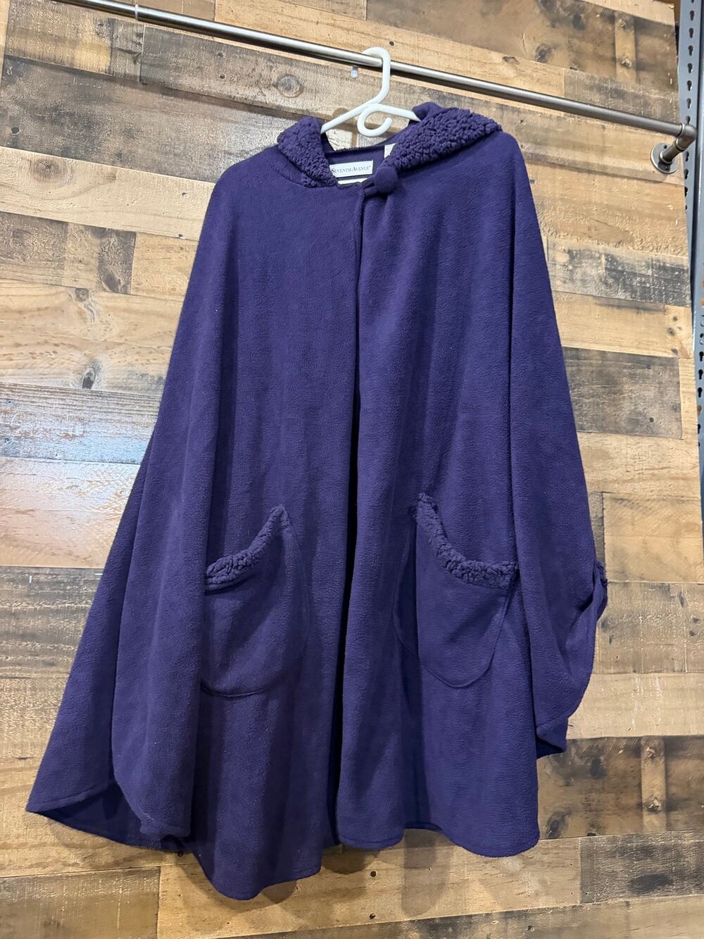 Seventh Avenue Fleece Hooded Cape Coat-Purple Sherpa Trim Pocket Poncho-OneSize